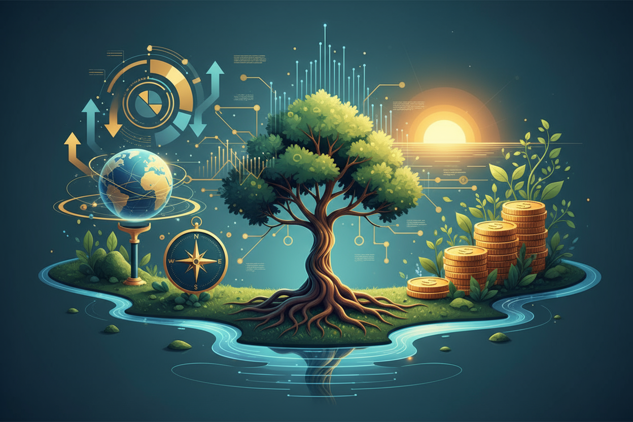 wealthplantions macro analysis 逻辑，图片上不要有任何的文字，只需要用图片说明文字所要表达的意思。